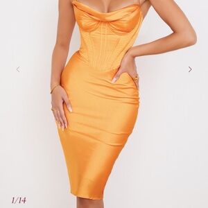 Myrna Tangerine Satin Corset Midi Dress